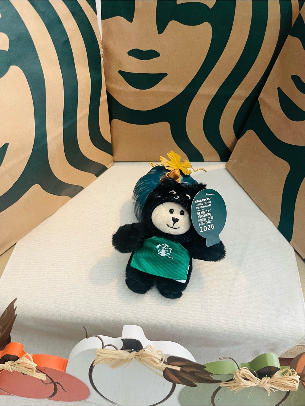 🍁Starbucks Bear black cat costume Keychain with Green Apron and Yellow Tassel